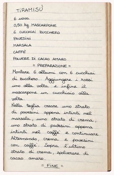 Recette manuscrite du tiramisù de Sara, réunie sur une seule page